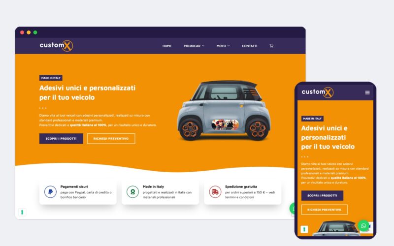 Sito web CustomX — mockup desktop e mobile