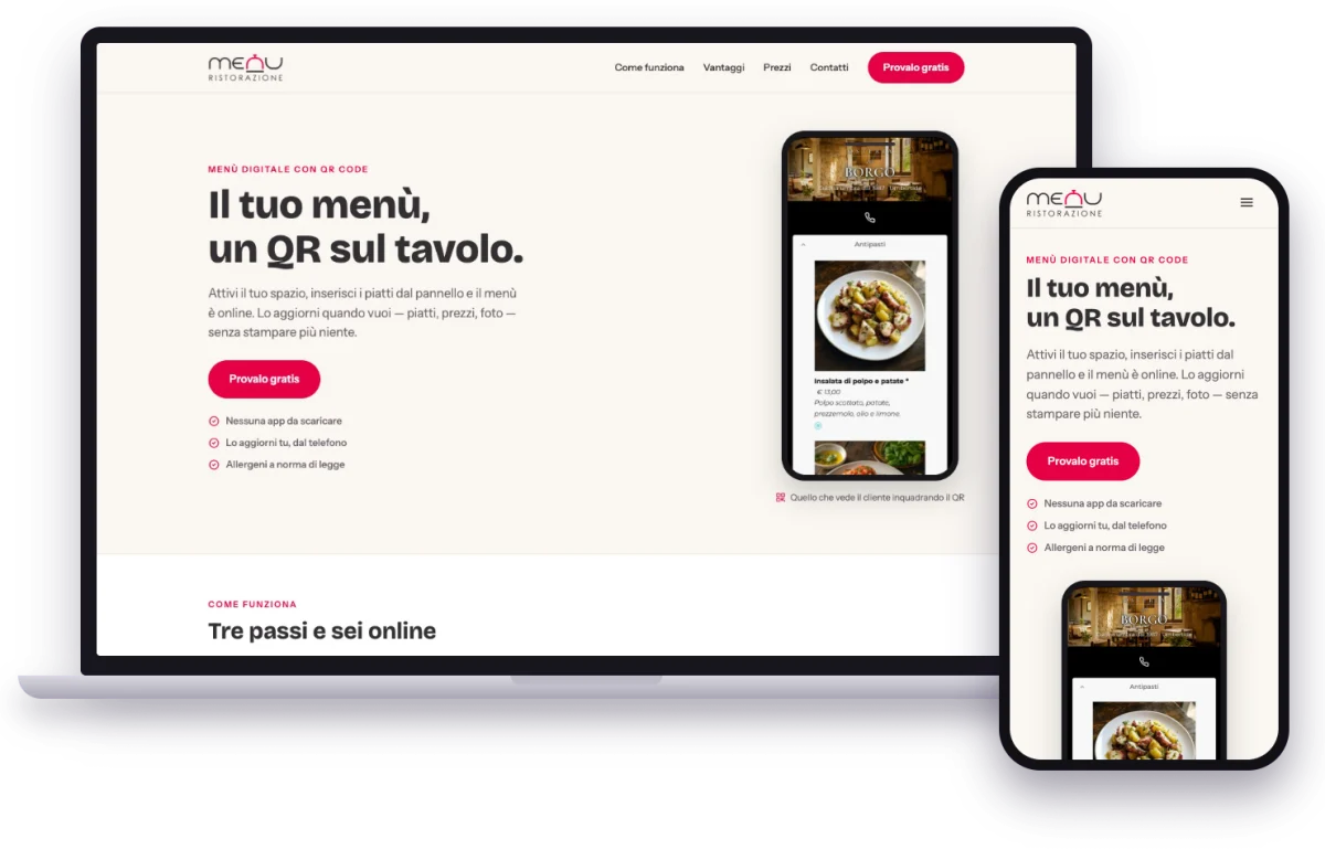 The menuristorazione.it website on laptop and phone